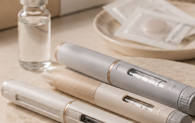 GLP-1, HRT, and peptide medication pens on a clinic counter