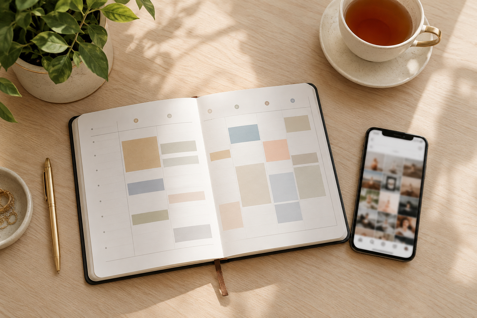 Content calendar with weekly social posts planned next to a phone showing a content grid