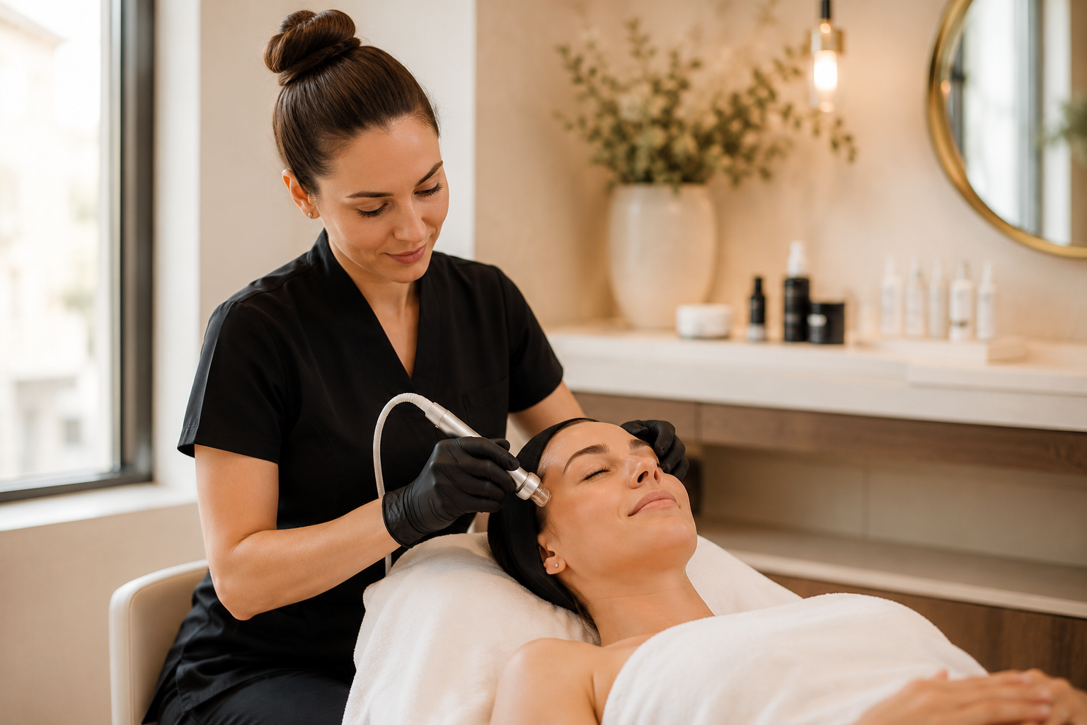Aesthetician performing a facial treatment in a modern med spa room